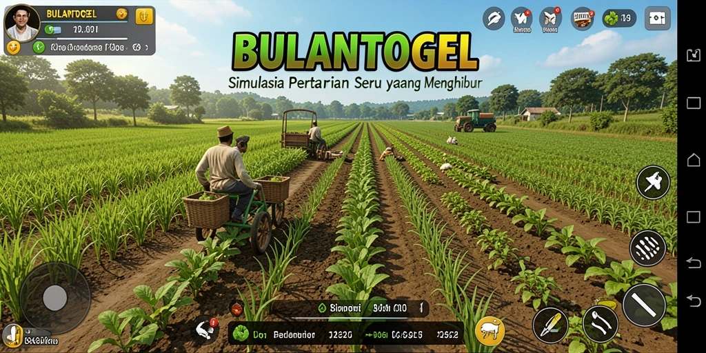 Screenshot utama game BULANTOGEL menampilkan ladang yang luas dan tanaman yang subur.