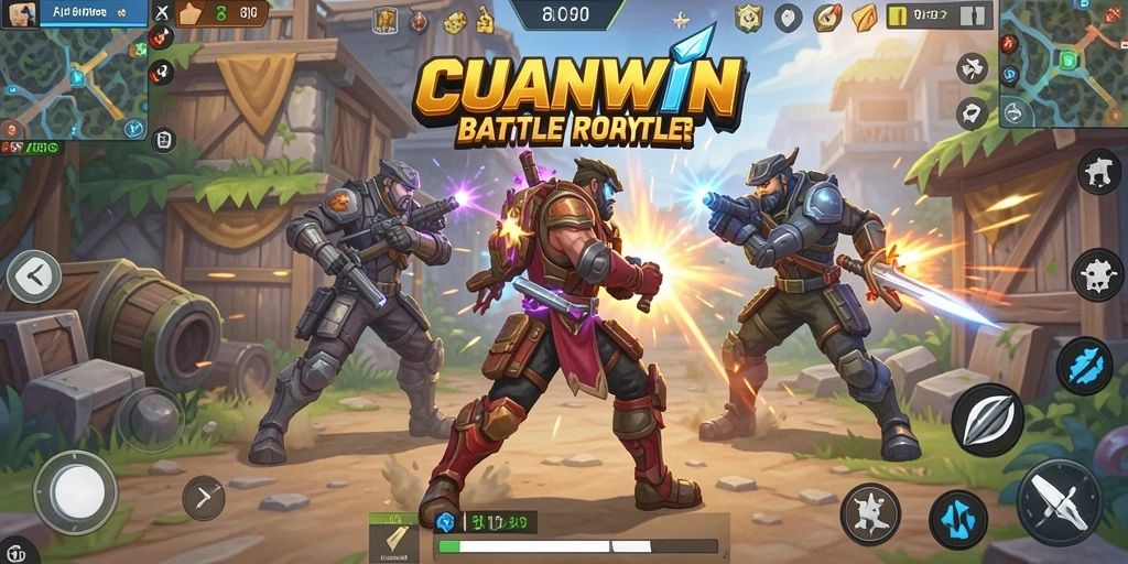 Screenshot menunjukkan aksi intens di CUANWIN dengan pemain bertarung di arena Battle Royale.