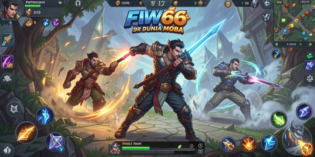 Tampilan layar game MOBA yang intens dan strategis.