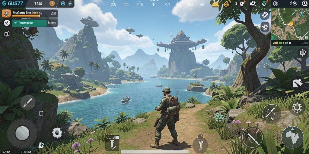 Tampilan gameplay GUS77 yang menampilkan eksplorasi dunia terbuka.