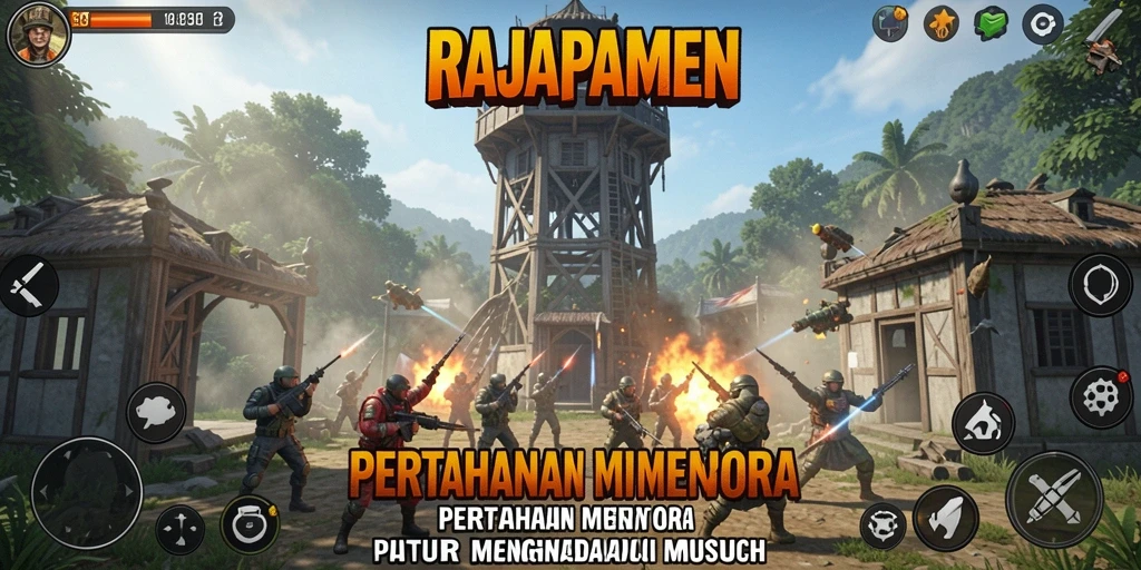 Tangkapan layar gameplay RAJAPAMEN menampilkan menara dan musuh dalam pertempuran.