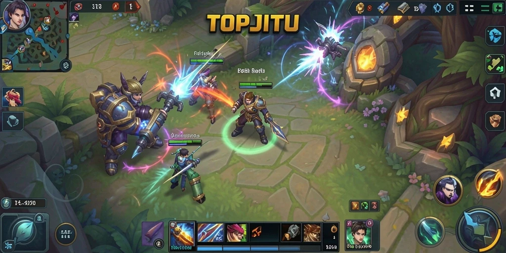 Tampilan gameplay MOBA yang seru dan dinamis di TOPJITU.