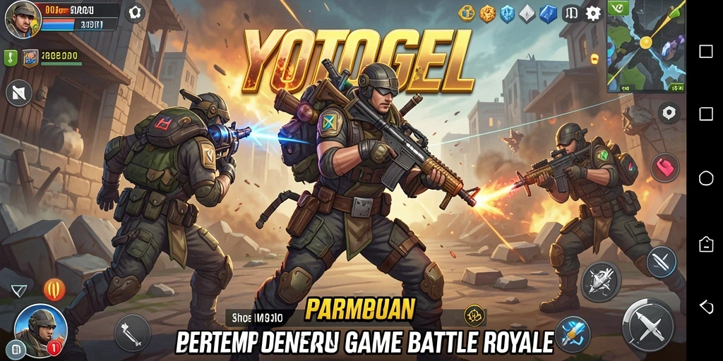 Screenshot gameplay YOTOGEL yang menunjukkan aksi pertempuran intens dalam arena Battle Royale.