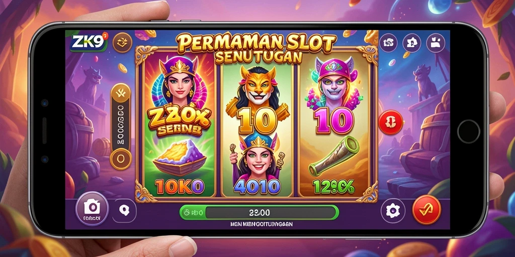 Screenshot gameplay ZK9 menampilkan gulungan slot dengan tema menarik.